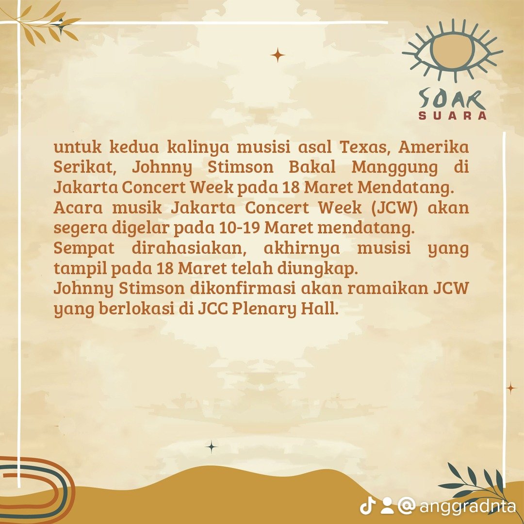 SOARsuara's tweet photo. Johnny stimson bakal manggung di Jakarta Concert week pada 18 Maret mendatang.!
#soarsuara #infokonser #infomusik #inforeleasan #musikindonesia #musikindie #bandindie #indiedance #livekonser #indiedancemusic #konser https://t.co/0Nz8Io46Gx