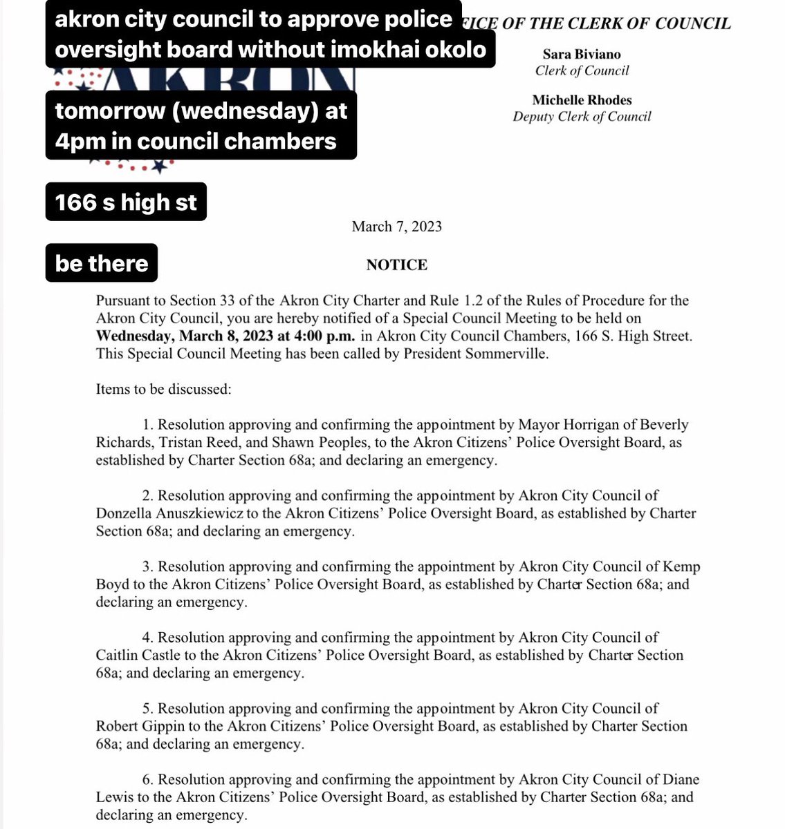 akron city council to approve police oversight board without imokhai okolo

tomorrow (wednesday) at 4pm in council chambers

166 s high st

be there

#heyakron #justiceforjayland #nogoodcops