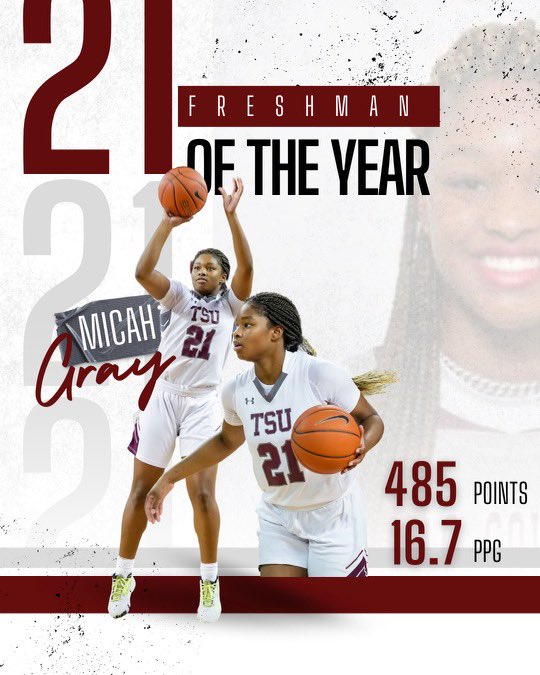 TSU Lady Tigers Basketball (@tsuwomenshoops) on Twitter photo Congratulations to Micah Gray (<a href="/MicahGray2022/">Micah Gray</a> ) on receiving 𝓕𝓻𝓮𝓼𝓱𝓶𝓪𝓷 𝓸𝓯 𝓽𝓱𝓮 𝓨𝓮𝓪𝓻 🔥
She also received 2nd Team Honors👏🏾🤩
#EmbellishGreatness | #TSUProud | #ExpandYourCapacity Congratulations to Micah Gray (<a href="/MicahGray2022/">Micah Gray</a> ) on receiving 𝓕𝓻𝓮𝓼𝓱𝓶𝓪𝓷 𝓸𝓯 𝓽𝓱𝓮 𝓨𝓮𝓪𝓻 🔥
She also received 2nd Team Honors👏🏾🤩
#EmbellishGreatness | #TSUProud | #ExpandYourCapacity