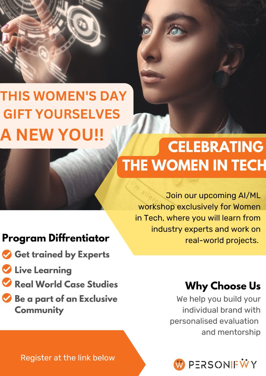 personifwy's tweet photo. To *Promote more Women in Technology*, Tech Experts at  *Personifwy* have curated a  well designed *AI/ML workshop* ranging from *Basics to Advanced level in AI/ML*. Enroll yourself for the course by filling in this form: https://t.co/MT7JZAgPZb https://t.co/cUd19klXy5