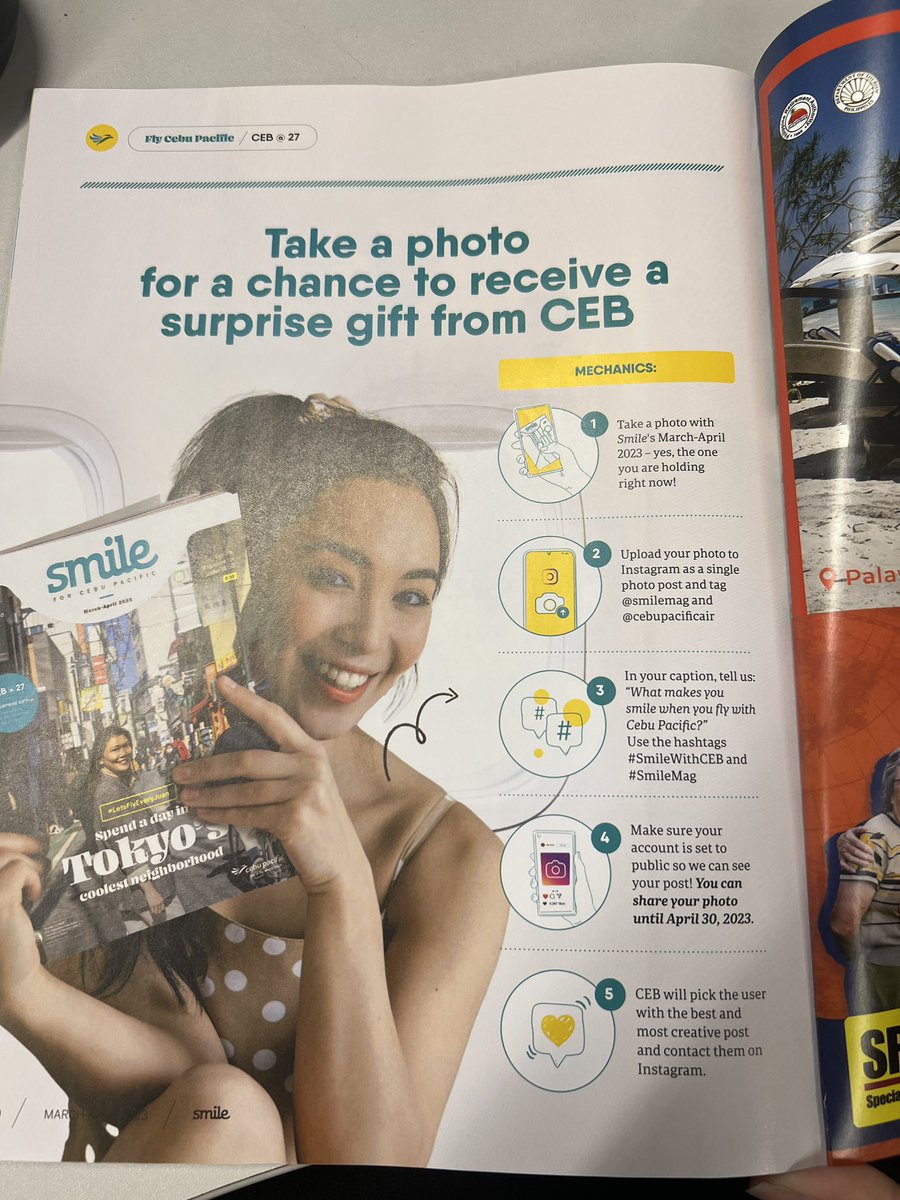 cippynezz's tweet photo. If you have a flight with @CebuPacificAir  this month until April, please check out the latest Smile Magazine. You might get a surprise from us check P80 for the mechanics. Plus, quick travel tips by @eva_lequeen P41🙌🏻🙌🏻 ✈️💛 https://t.co/b62m0OwVLU
