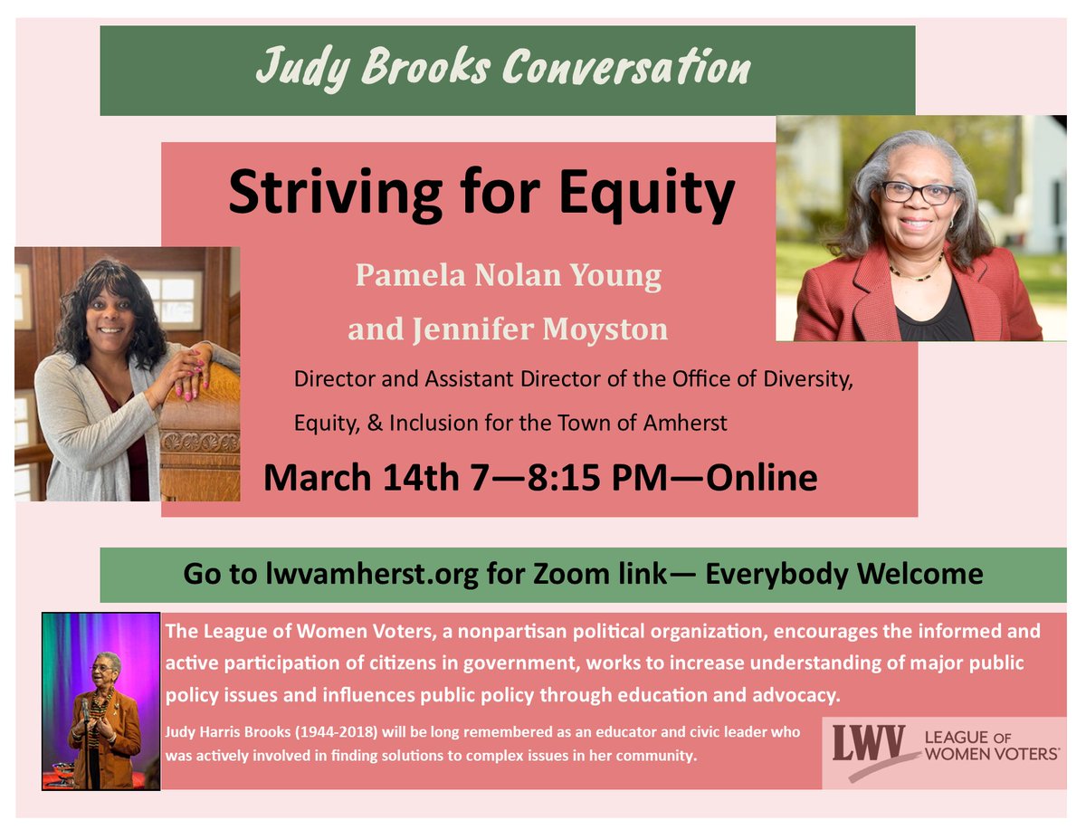LeagueAmherst's tweet photo. FIND OUT how Amherst is working to make local government more diverse. Join the LWVA Thurs., 3/14 at 7 p.m. for a dialogue with Diversity, Equity and Inclusion Director Pamela Nolan Young, and Assistant Director Jennifer Moyston. Please register here: https://t.co/rO1llA44Bd https://t.co/7jNzyaY7uy