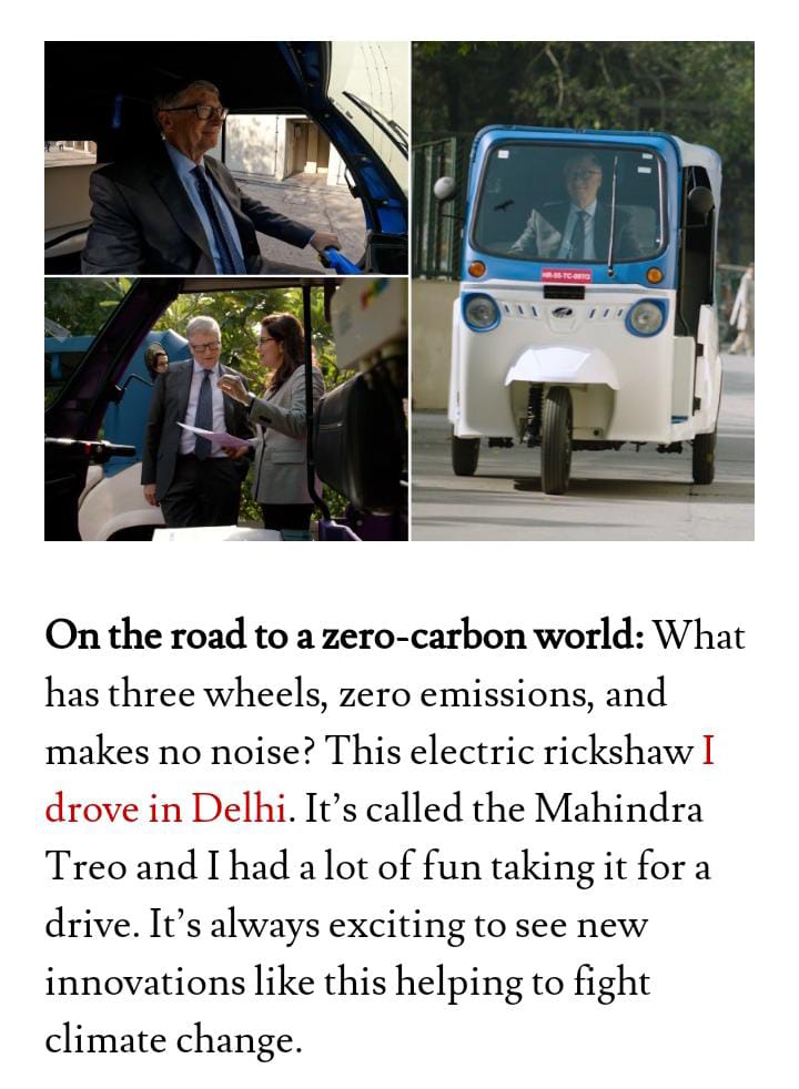 This is an electric Rickshaw driven by Bill Gates in his recent visit to India. This is one of the best innovations which helps to fight climate change.
#ClimateEmergency 
#ClimateActionPlan 
#WeFixers