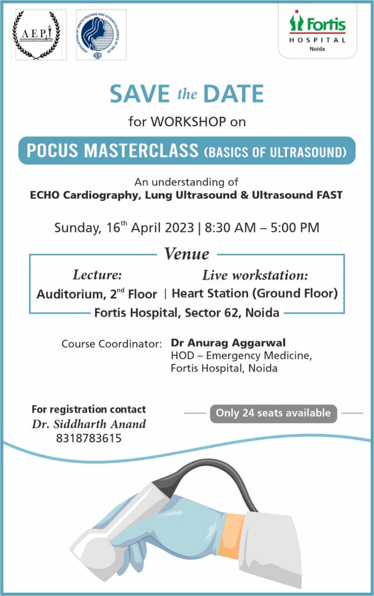 TheOfficialAEPI's tweet photo. Workshop on basics of POCUS to be held at Fortis Hospital, Noida in collaboration with AEPI. Limited seats available. Register soon. Further sessions all over India being planned. https://t.co/zquYCwUEQ1