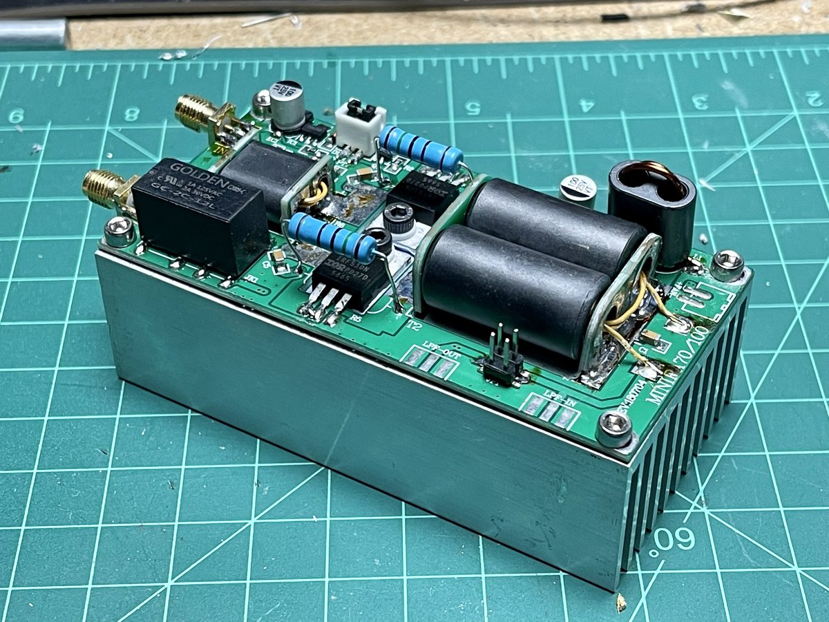 Johnkit's tweet photo. Building a 70W SSB HF radio amp good from 3-30MHz. Still need a case, fan, power jack, and a low pass filter array. #miniPA70 #HFproject #RadioProject https://t.co/qIi8u3fCkk