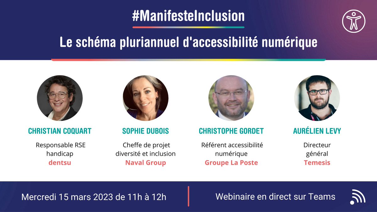 [J-7] Notre groupe de travail #accessibiliténumérique vous attend le 15 mars à 11h pour son webinaire sur le #schémapluriannuel avec <a href="/dentsuFR/">dentsu france</a> <a href="/GroupeLaPoste/">La Poste Groupe</a> <a href="/navalgroup/">Naval Group</a> <a href="/temesis/">Temesis</a> !
Il est encore temps de vous inscrire gratuitement &gt; lnkd.in/efmN5-cp #handicap #inclusion
