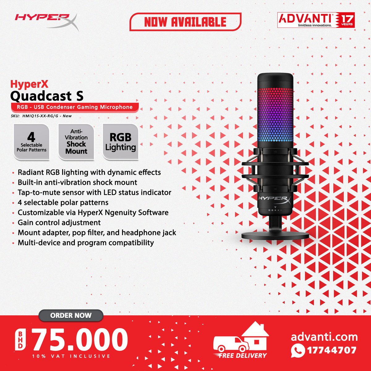 ADVANTIGroup's tweet image. 🔽 RGB - USB CONDENSER GAMING MICROPHONE 🔽

🔴HyperX Quadcast S 🔴

▶ PRICE: BHD 75.000 ( 10% VAT Inclusive )

For orders: 📞 17744707 🌐 advanti.com
FREE DELIVERY! 🚚 📦

#ADVANTI #HyperX #QuadcastS #USB #Condenser #Gaming #Microphone #Bahrain #Manama #Saar