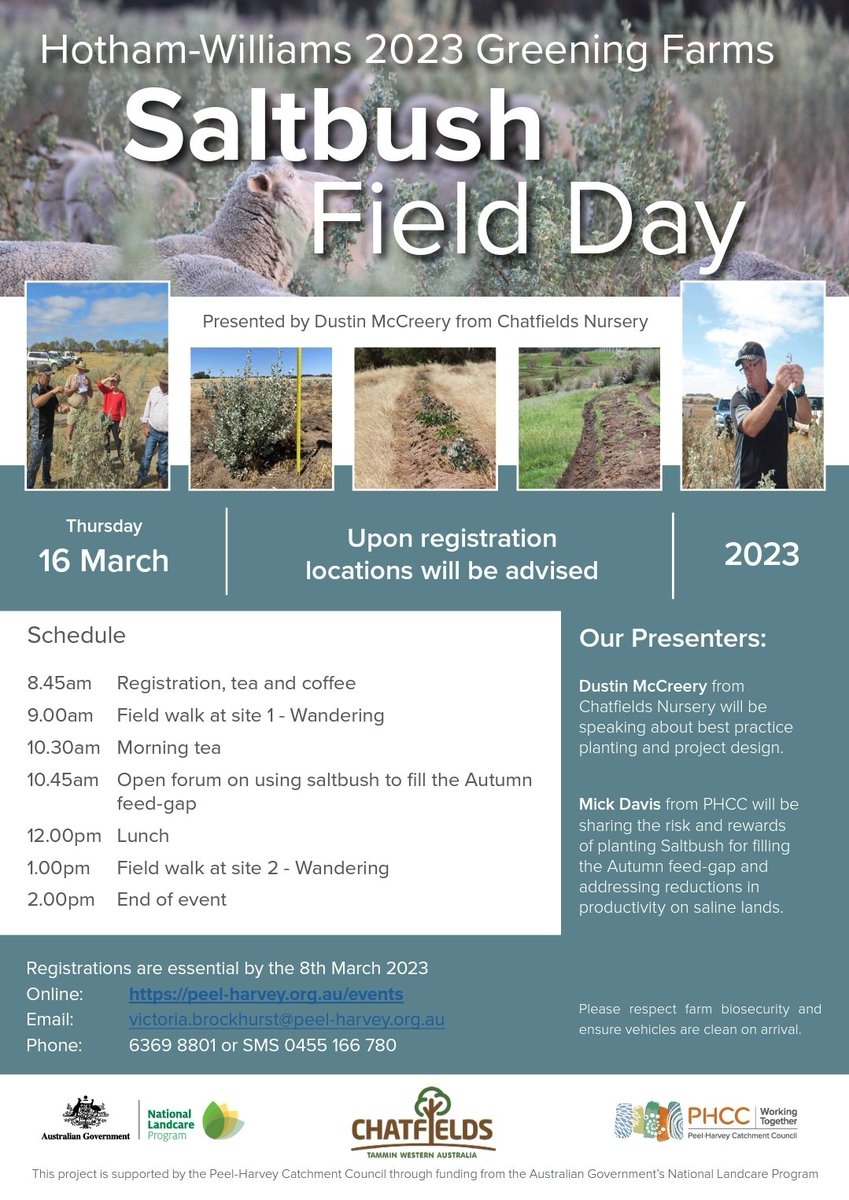 PHCC_Mick's tweet photo. Places are filling up fast for @PeelHarveyCC's #Saltbush Field Day on this Thurs 16th March in Wandering! Register at 👇 https://t.co/lU5Rp3m132
@AusLandcare #landcare
@meatlivestock #NLP #GreeningFarms @DAFFgov @WAFarmers https://t.co/TJUHBiTuXv