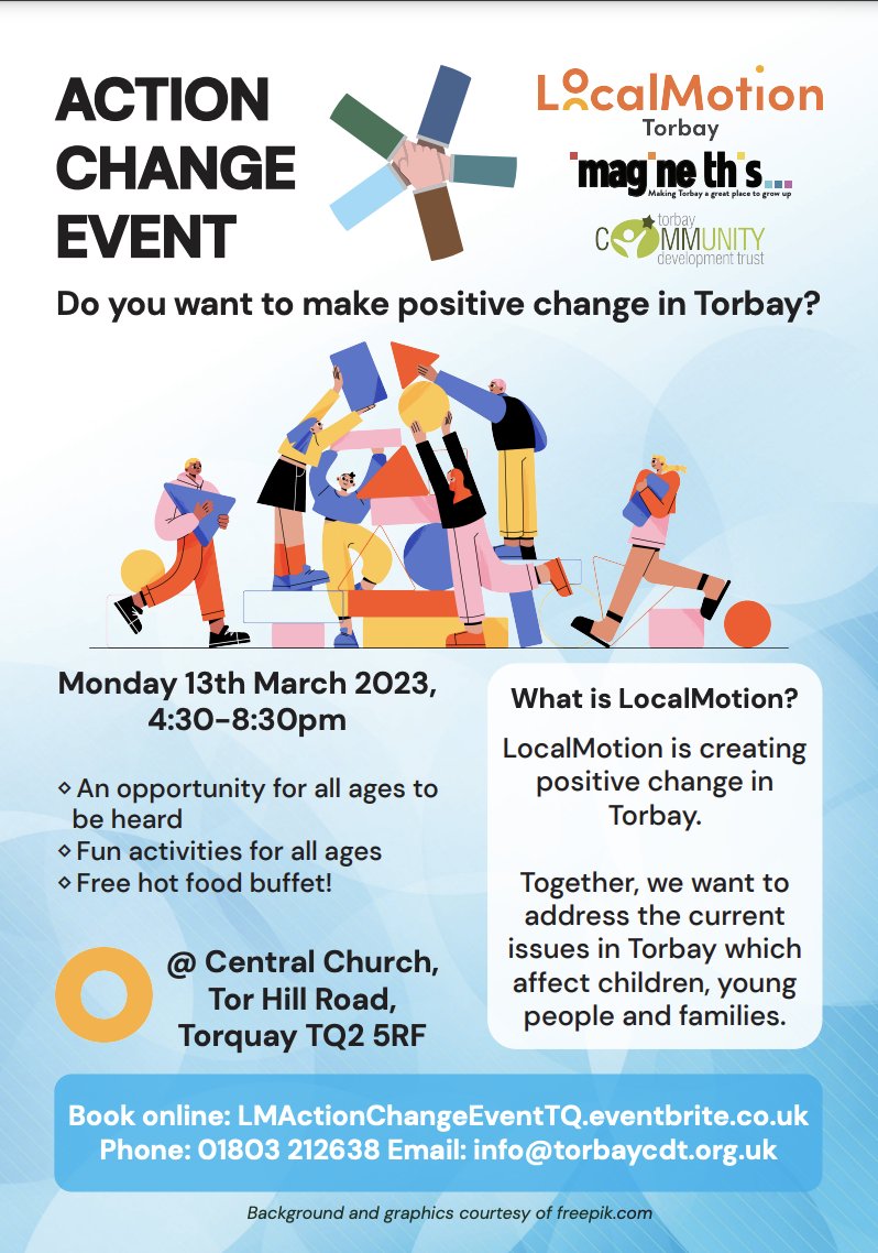What changes would you like to see in Torbay? 
We will be exploring with @LocalMotionUK at Central Church (Torquay) on Monday. There will be lots of fun family activities for all ages, including storytelling from us, and a buffet for everyone! #torbaystory