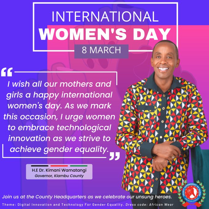 KWamatangi's tweet photo. I wish all our mothers and girls a happy international women's day. As we mark this occasion, I urge women to embrace technological innovation as we strive to achieve gender equality.
#InternationalWomensDay https://t.co/RlJgI8uYJ8