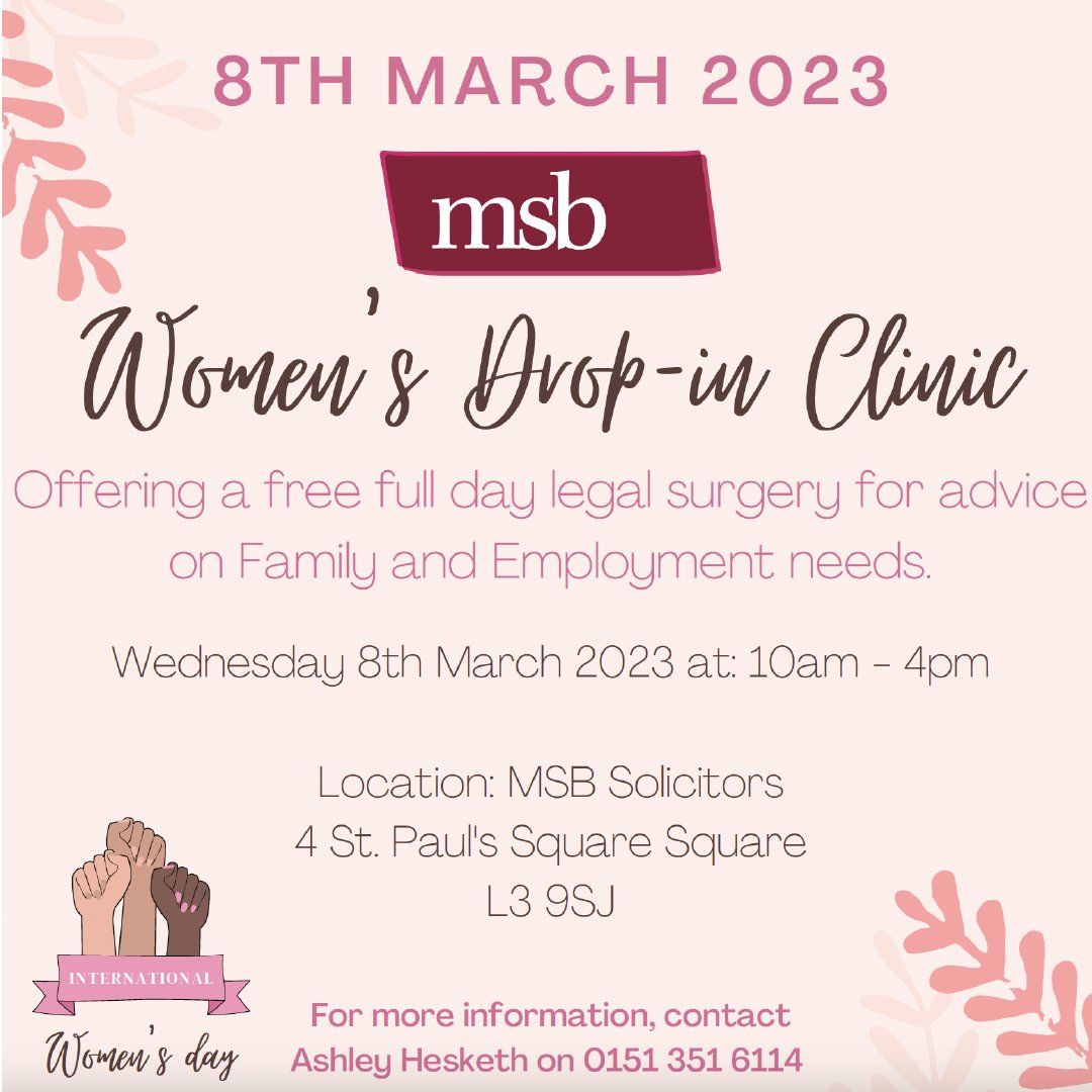 Happy International Women's Day!

In case you missed the announcement, we will be holding a free, full-day, women's legal surgery at our Liverpool offices in St Paul's Square today ⚖️

Details, below ⬇️

Spread the word!

#IWD2023