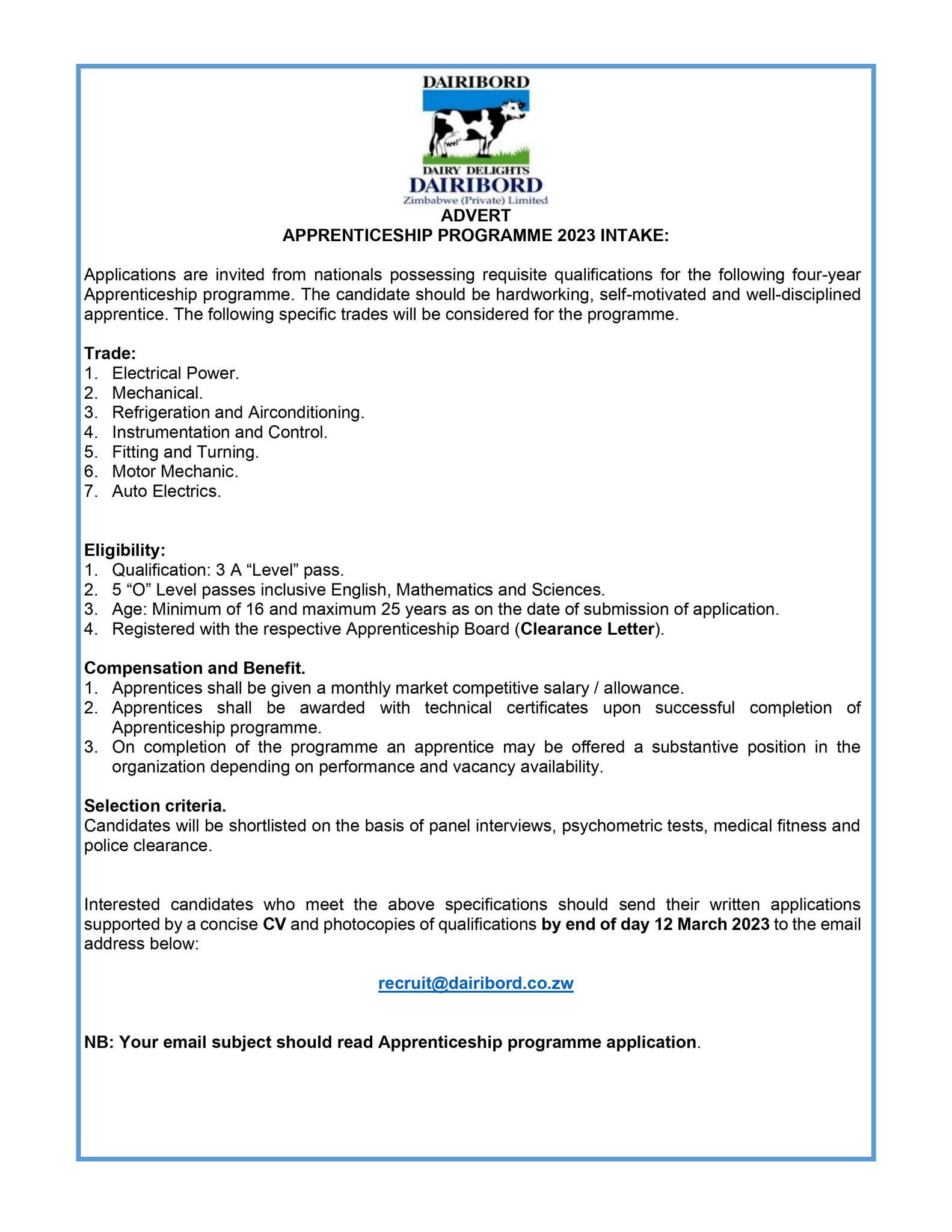 Dairibord Zimbabwe Private Limited on Twitter "Apprenticeship