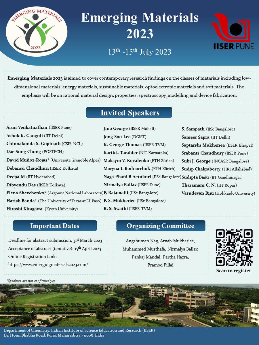 Angshuman Nag (@angshumannag4) on Twitter photo International conference on Materials Chemistry
<a href="/IISERPune/">IISER Pune</a>. Abstract submission deadline 31-March.
Web: emergingmaterials2023.com International conference on Materials Chemistry
<a href="/IISERPune/">IISER Pune</a>. Abstract submission deadline 31-March.
Web: emergingmaterials2023.com
