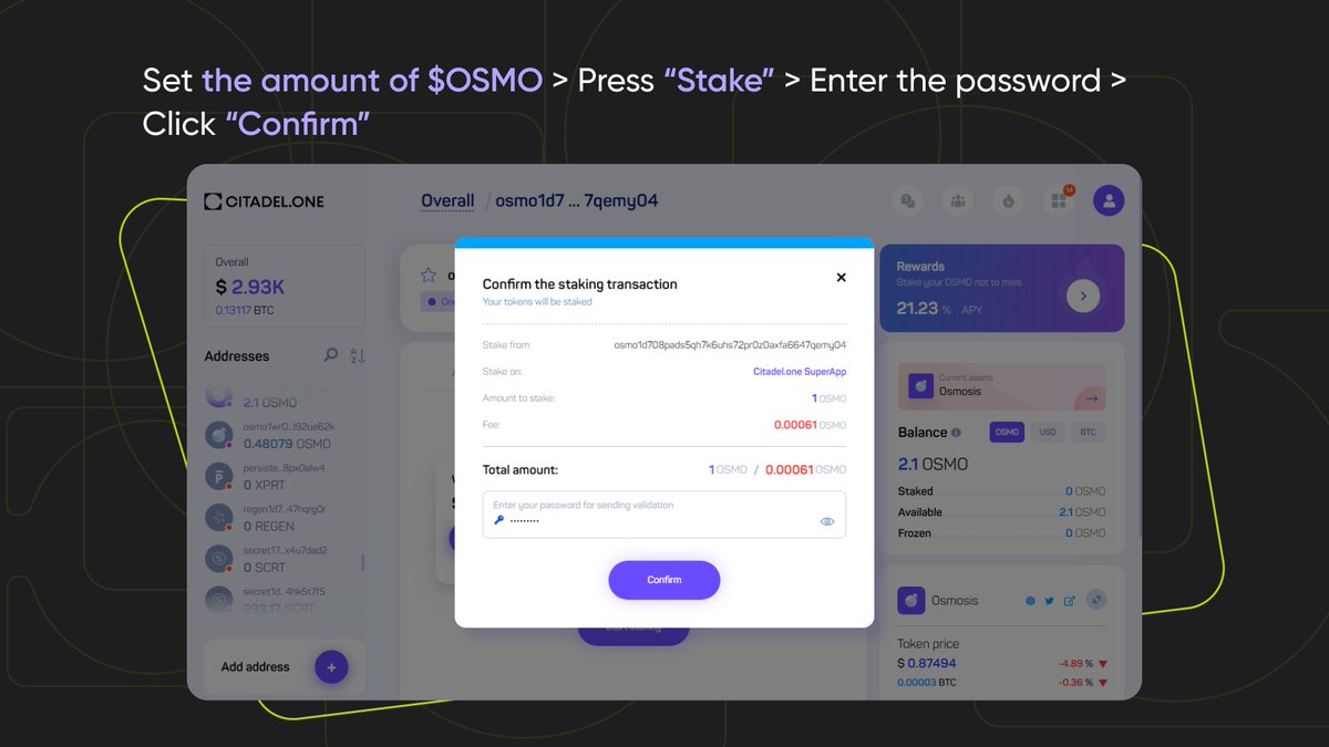 Follow the <a href="/osmosiszone/">Osmosis Zone</a> guide and stake $OSMO on app.citadel.one with 21.19% APY

Wanna earn more? Delegate your $OSMO to the Citadel.one node and get extra rewards in our native token, $XCT

More about staking: citadel.one/staking