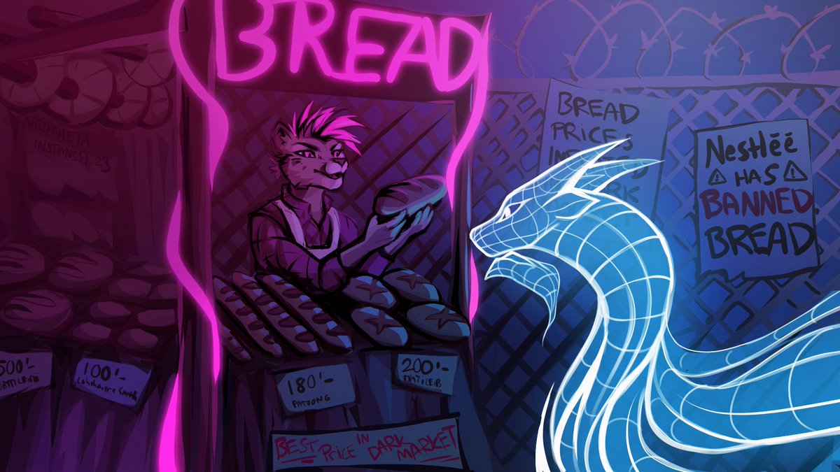 Inflated Prices - My speed graphics entry for #Instanssi under theme "Cyberpunk Bread" with 1.5h completion time 🍞
