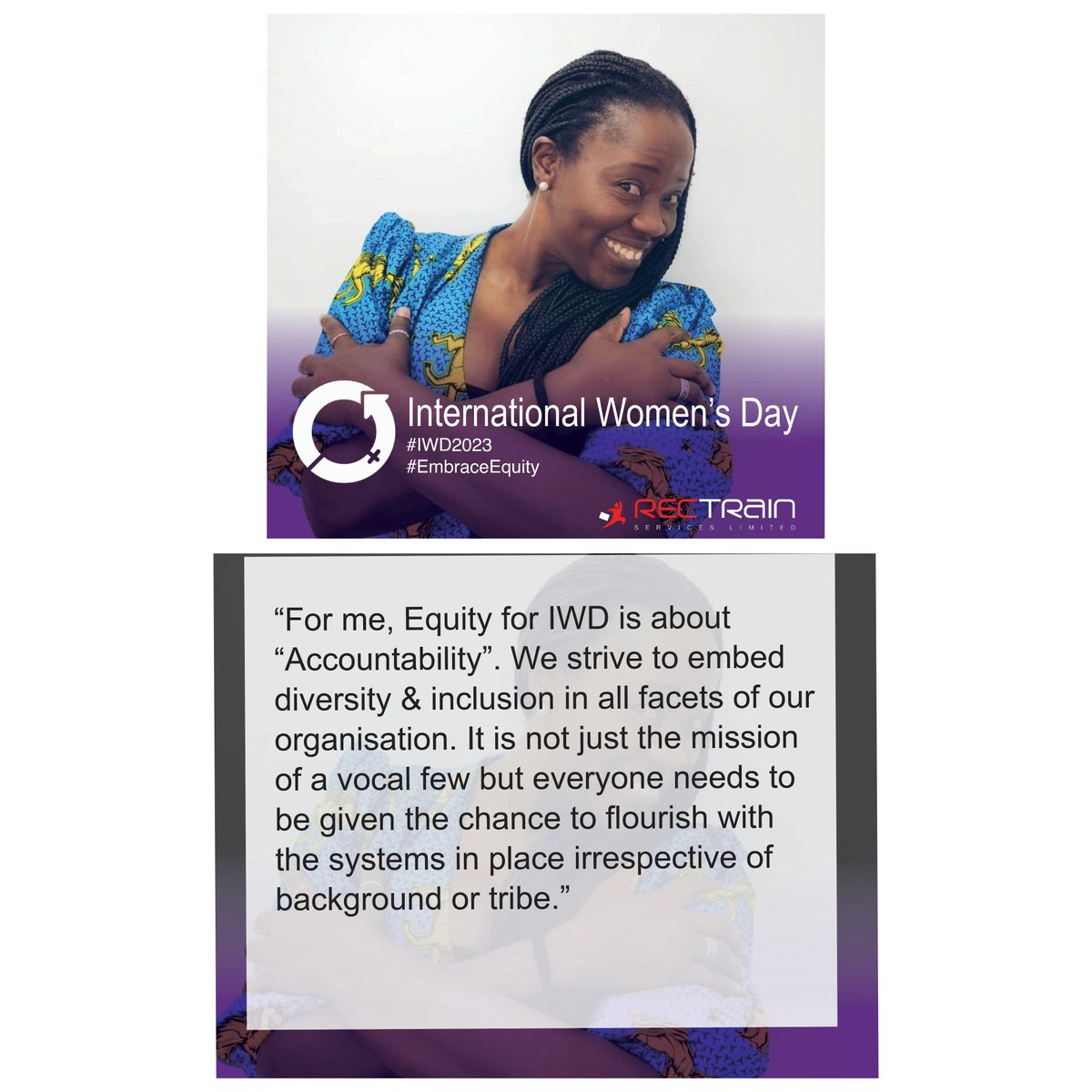 Rectrainservice's tweet photo. In the spirit of this year's theme for IWD three of the amazing women at RecTrain are sharing what equity means to them.
Happy International Women's Day!
#embraceequity #iwd2023 #internationalwomensday #winningwomen #RecTrain https://t.co/Z3i6wgruka