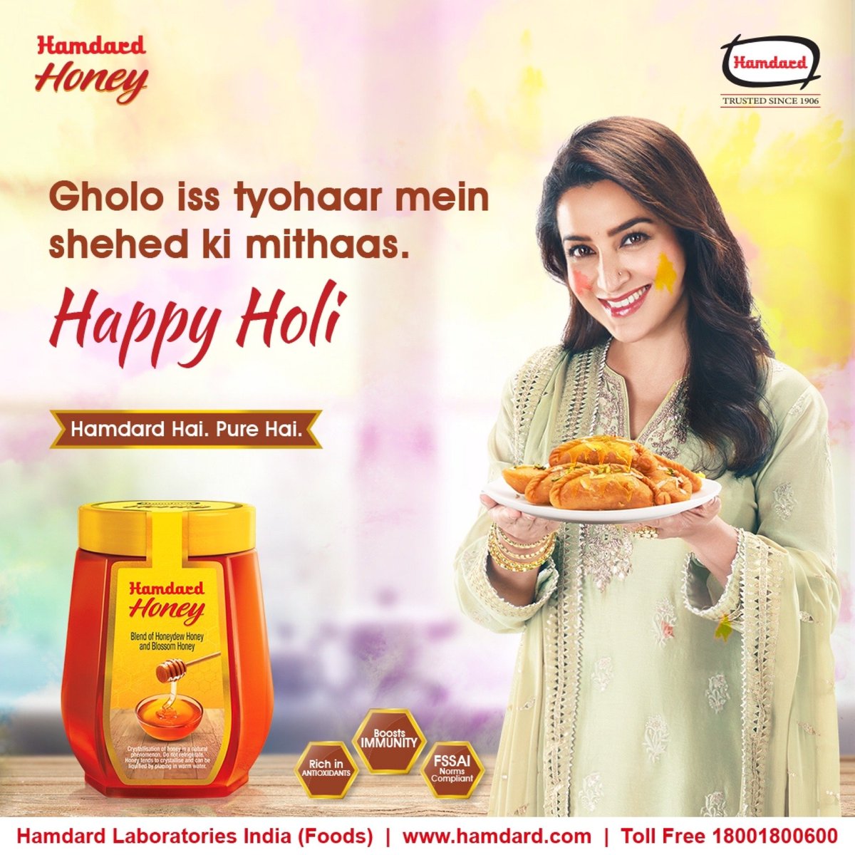 Here’s wishing that this Holi showers your life with immense happiness, purity, and health. Have a cheerful and safe Holi! #HappyHoli #Hamdard #HamdardFoods #HamdardHoney #Honey #HappyHoli2023 #Holi #Sweets #Gujia #HamdardHaiPureHai #Colours #Topical #Festive