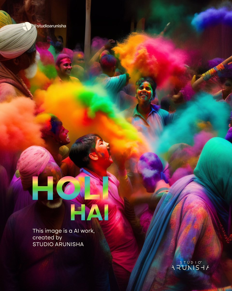 studioarunisha's tweet image. Happy Holi from Studio Arunisha, where design meets color and creativity!

May this festival of colors bring you and your loved ones joy, happiness, and a splash of vibrant hues that brighten up your lives.

#StudioArunisha #visualdesignstudio #happyholi #AIArt