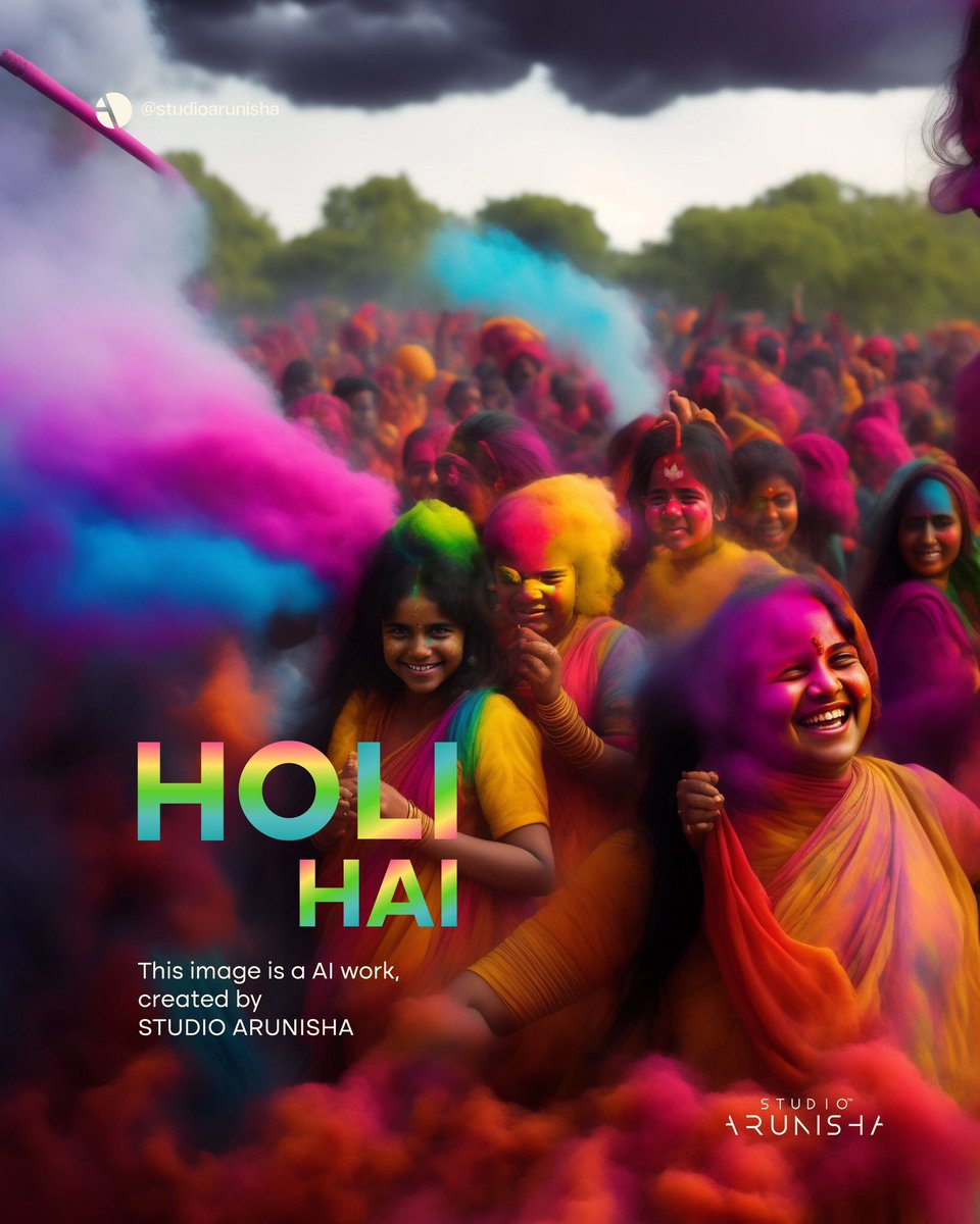 studioarunisha's tweet image. Happy Holi from Studio Arunisha, where design meets color and creativity!

May this festival of colors bring you and your loved ones joy, happiness, and a splash of vibrant hues that brighten up your lives.

#StudioArunisha #visualdesignstudio #happyholi #AIArt
