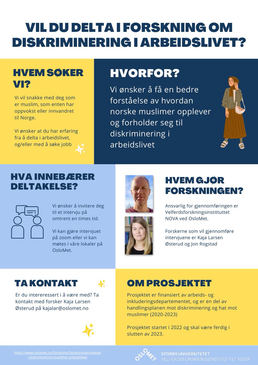 Vi trenger deltakere til et prosjekt om diskriminering i arbeidslivet 📢 

Vi skal undersøke hvordan muslimer opplever og forholder seg til diskriminering i arbeidslivet 🧕

Ta kontakt med meg på e-post (se bilde) om du er villig til å stille opp på intervju.