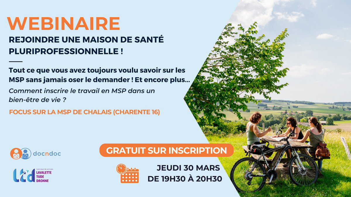 Pourquoi rejoindre une Maison de #santé pluriprofessionnelle ? Rejoignez-nous pour un #webinaire en collaboration avec la MSP de Chalais ! 
#médecin #désertmédical 
📌 Jeudi 30 mars à partir 19H30
Infos et inscription 👉 bit.ly/3SVQRbQ