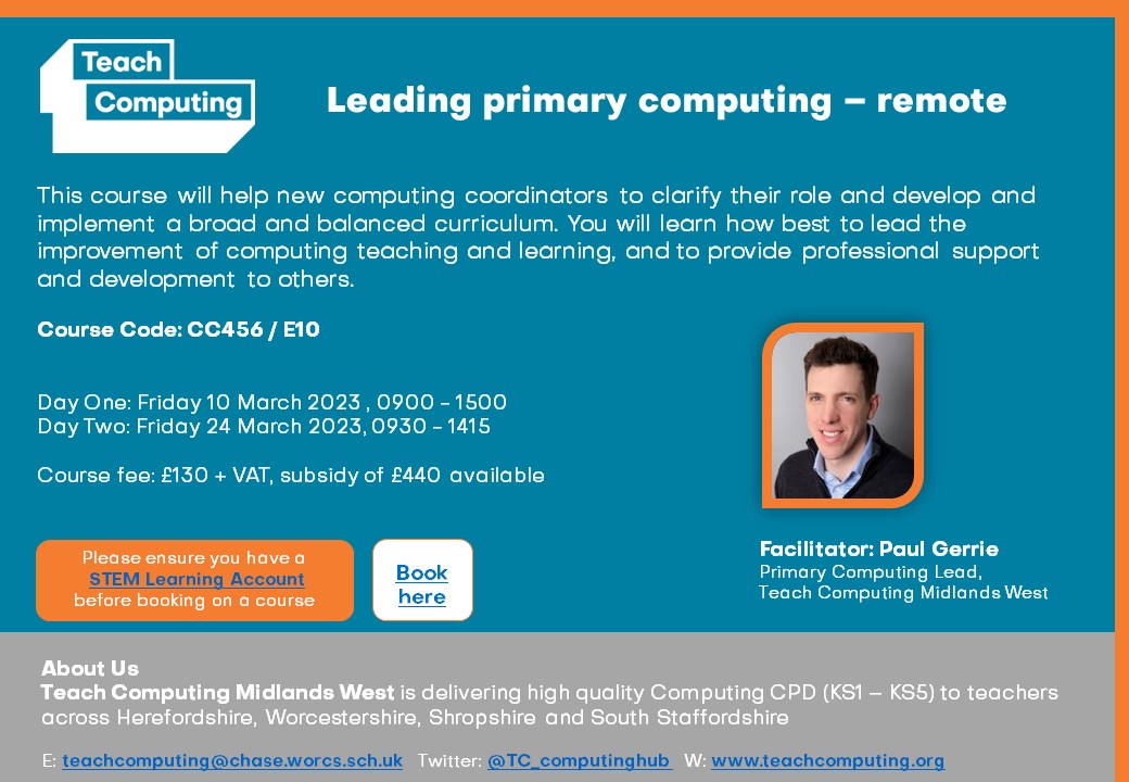 Are you the new computing coordinator in school and looking for ways to develop your curriculum? 
Join @AmazingICT_Paul for Leading Primary Computing (remote) on 10 &amp; 24 March - subsidy of £440 available to state funded primary schools.  
Book via bit.ly/3YtqKKy