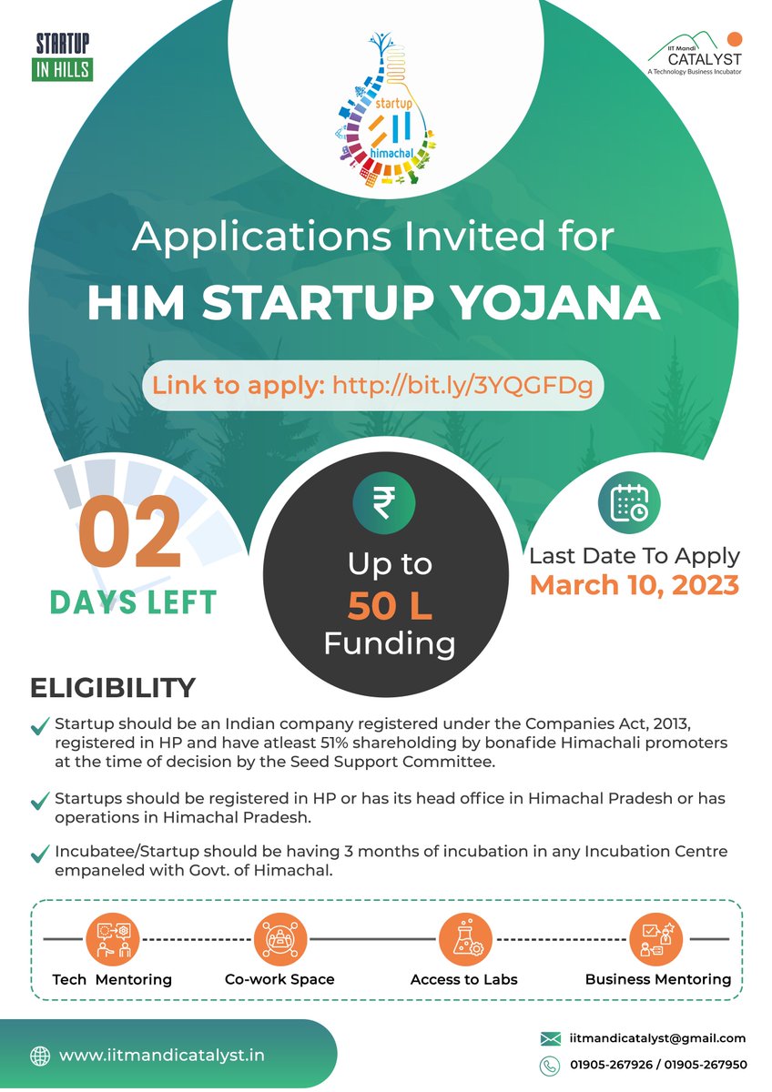 #CallForApplication
2 days remain to submit the applications for Seed Fund under 'HIM Startup Yojana 2023!

The last date to apply: March 10, 2023.
Apply now: iitmandicatalyst.typeform.com/to/kzSjTQVt
Find out more at: iitmandicatalyst.in/funding/