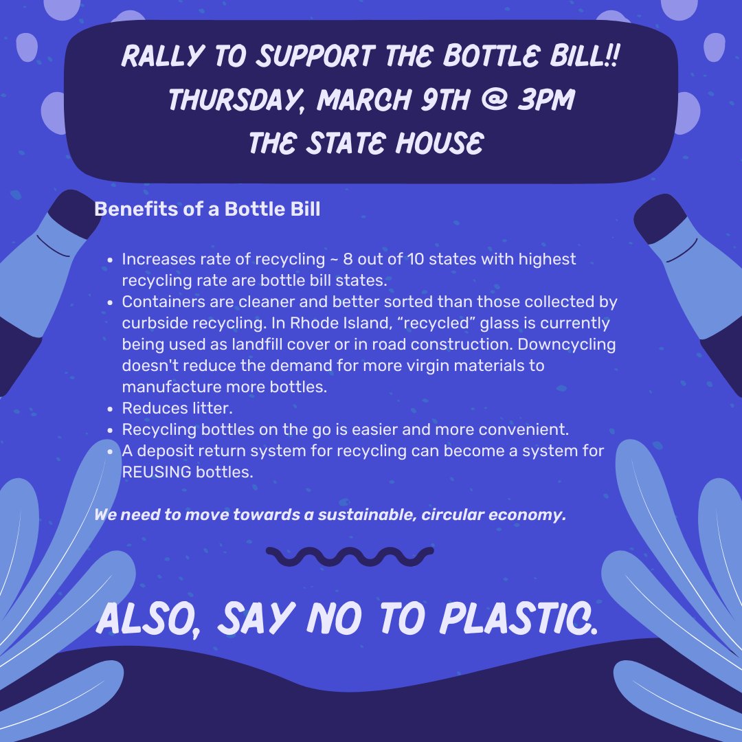 Join Clean Water Action at the State House library this Thursday, March 9th at 3 pm, joined by legislative allies to officially kick off the campaign to pass the RI "bottle bill" (H.5502) legislation to improve recycling as well as reduce litter and marine debris in RI.