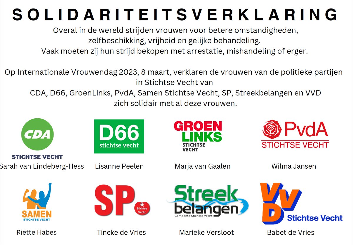 Vandaag is het internationale vrouwendag. PvdA Stichtse Vecht heeft het initiatief genomen om een solidariteitsverklaring op te stellen om vrouwen wereldwijd te steunen die opkomen voor hun (gelijke) rechten. 7 partijen in onze gemeente doen met ons mee. Samen zijn we sterker!