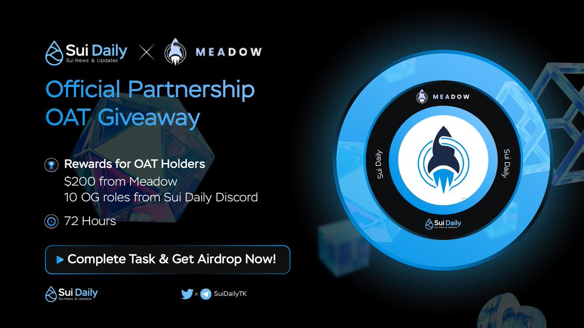 Degen_Radar's tweet photo. 📢 OFFICIAL PARTNERSHIP OAT GIVEAWAY

@SuiDailyTK x @meadowlaunch

➡️ COMPLETE TASK &amp; GET AIRDROP HERE:
https://t.co/LfM3BeT5L9

🎁 Rewards for lucky holders:
1️⃣ $200 from Meadow
2️⃣ 10 OG roles from Sui Daily

⌚ 72 Hours

#SUI #SUIDAILY #Airdrop https://t.co/aEYUWwjpep