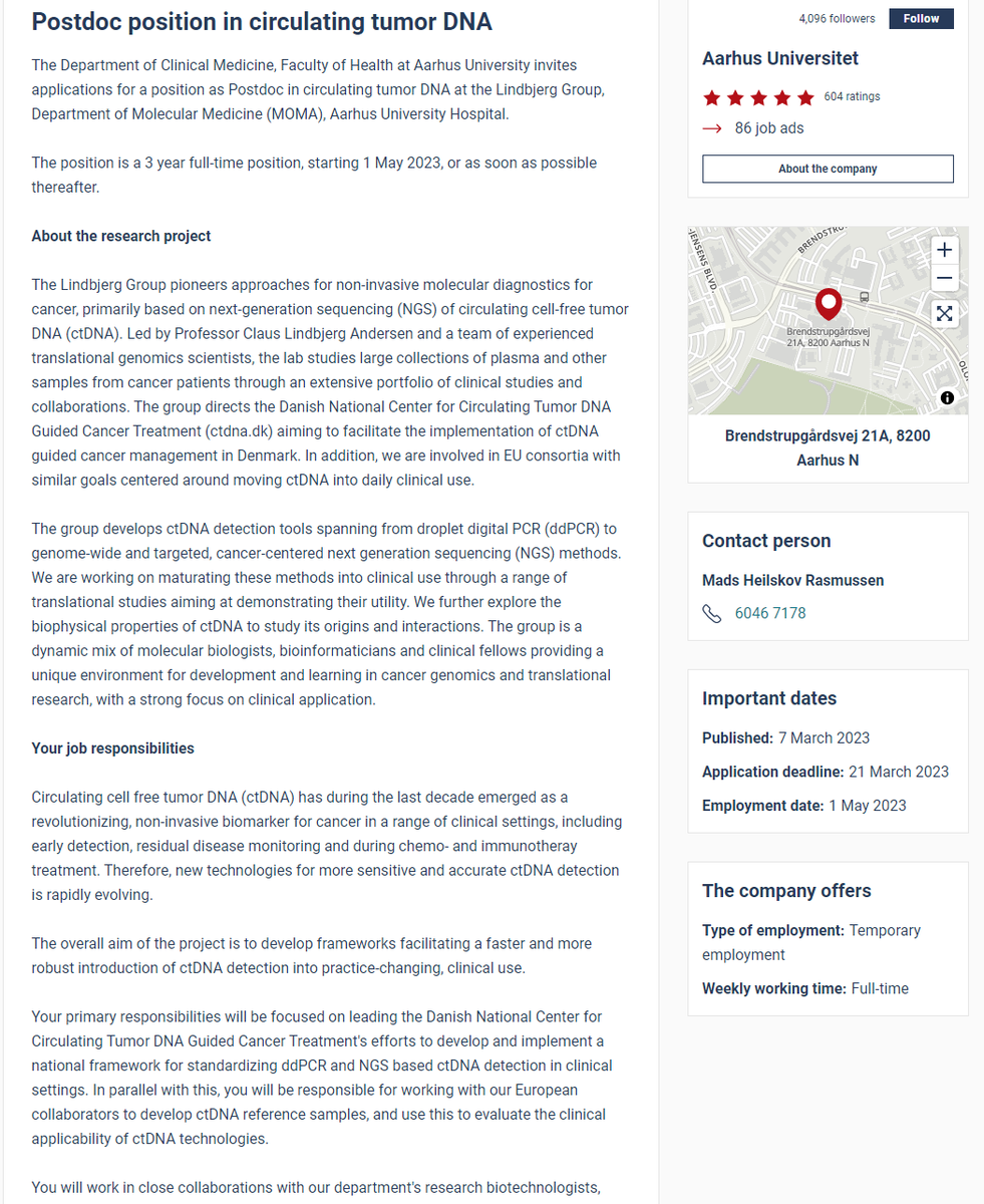 Dept. of Molecular Medicine (@moma_dk) on Twitter photo 📢 We invite for applications for a 3-year #postdoc position in circulating tumor DNA #ctDNA in the <a href="/ClausLindbjerg/">Claus Lindbjerg Andersen</a> group.
au.dk/om/stillinger/… 📢 We invite for applications for a 3-year #postdoc position in circulating tumor DNA #ctDNA in the <a href="/ClausLindbjerg/">Claus Lindbjerg Andersen</a> group.
au.dk/om/stillinger/…