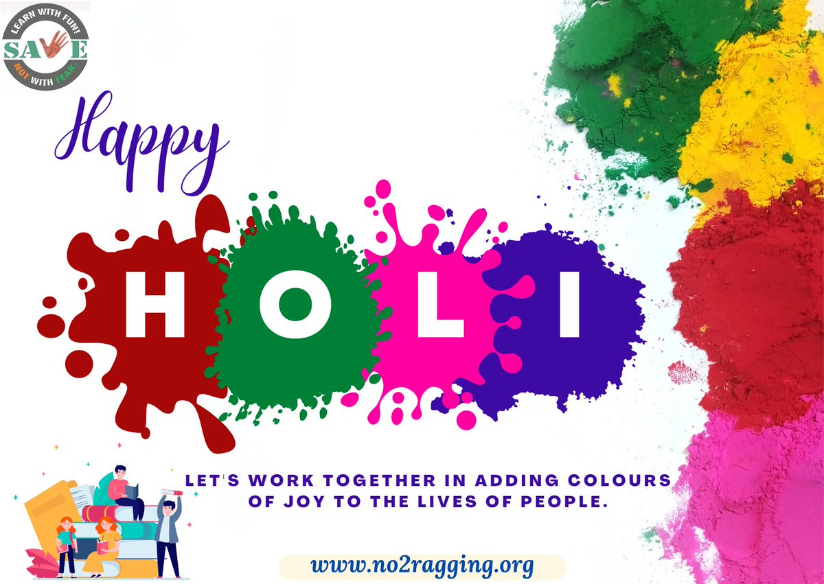 No2Ragging's tweet photo. Wishing you a very happy and colourful Holi.!
- Team SAVE. 

#holifestival #holicelebration #HappyHoli #holi2023 #no2ragging https://t.co/9aleGytQVE