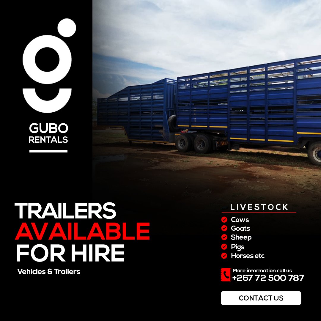 Farm & Livestock Trailers available for rent. 🐮🐷🌽

Renting Gubo Trailers is an affordable solution for your moving needs. You can find a low cost option for any size move.

#GuboTrucks #Logistics #Distribution #BotswanaBrand #PushaBW #SupportLocal