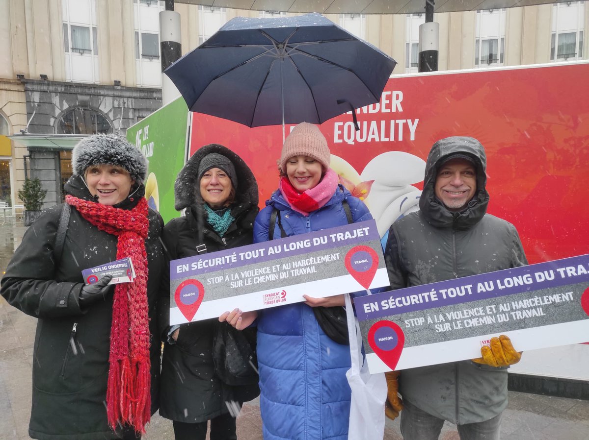 In Brussels with @etuc_ces for a street action #SafeAllTheWay for the women’s right to travel safe to/from work and to have a safe working environment #IWD2023