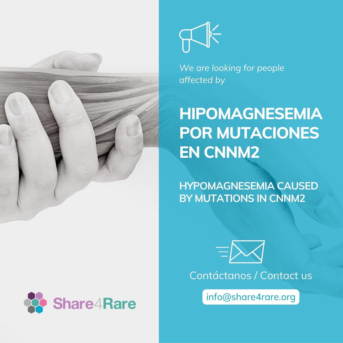 Share4Rare's tweet photo. 🔎 Se buscan pacientes con #hipomagnesemia por mutaciones en el gen #CNNM2 para participar en el proyecto internacional Fight-CNNM2. 

Escríbenos a 📬 info@share4rare.org y regístrate en #Share4Rare ✍️ https://t.co/24QLIm9j1n https://t.co/2NWdohx6ab