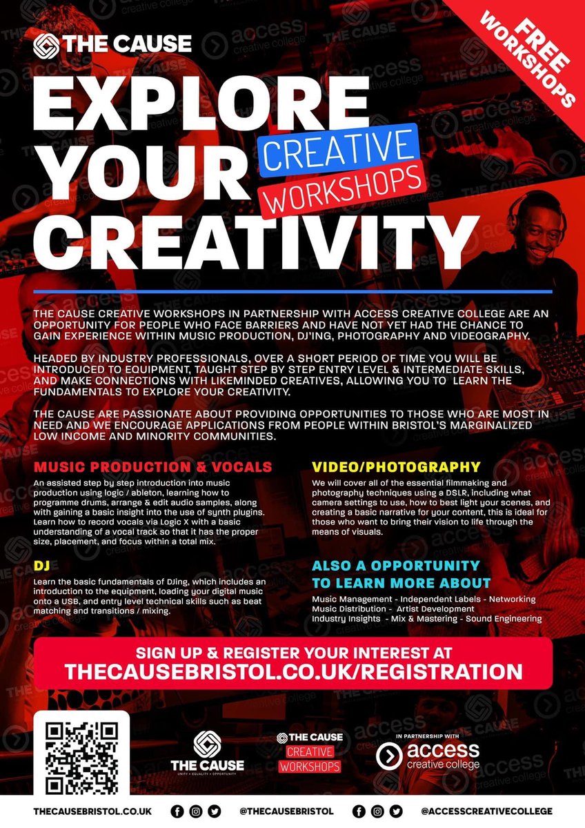 The cause creative workshops 

Music production video &amp; photography Djing vocal recording &amp; a opportunity to learn more about the creative industry Get involved in the upcoming free workshops ⬇️

SIGN UP &amp; REGISTER YOUR INTEREST thecausebristol.co.uk/registration