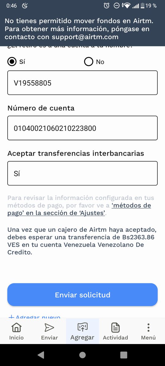 luis_fernando45's tweet photo. @airtminc Me indicaban que los fondos iban a estar disponible el martes, llegó el dinero pero me siguen tratando como un idiota porque me dice cuando intento retirar que no puedo mover los fondos.

Que pasa a que juegan

Anexo print de pantalla del inconveniente https://t.co/xElAITpStx
