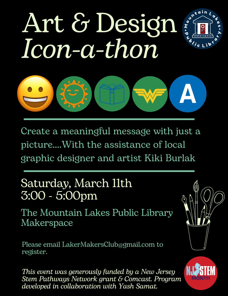 ProjMakerspace's tweet image. Celebrating NJ STEM Month, #NJSTEMMonth

Icon-a-thon inspired by the @nounproject at the Mountain Lakes Public Library

Thank you @NJSTEMPathways and Comcast for providing funding for this event.

Creativity + Collaboration + Community = Positive Power of Technology