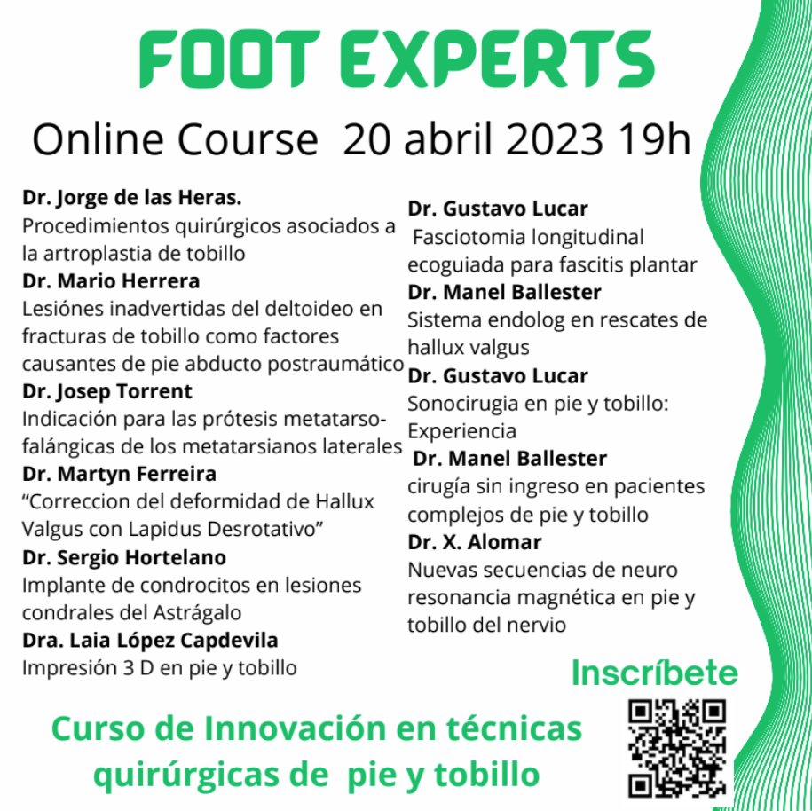 ¡ Seguimos con la formación especializada en tobillo-pie en este 2023 !

Nuevo curso online y con jornada presencial los próximos 20 y 21 de abril. 

Más info en semcpt.es/formacion/curs…

#semcpt #semcptformación #semcptcursos