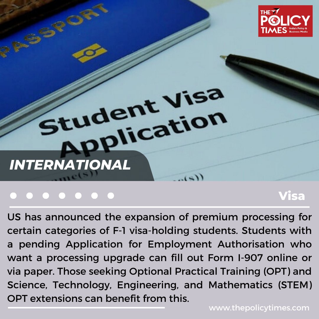 thepolicytimes's tweet photo. US has announced the expansion of premium processing for certain categories of F-1 visa-holding students.
#usa #international #newsupdate #students #studentvisa #employmentvisa #visaapplication #OptionalPracticalTraining #ScienceTechnologyEngineeringMathematics #f1visa https://t.co/0qmIxUmcb2
