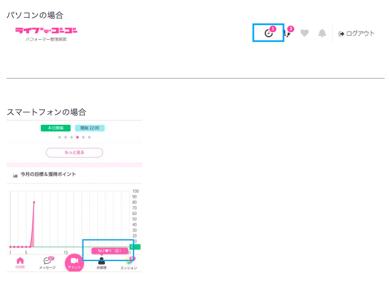 reas0607's tweet photo. 足あとやお気に入り同様、チャット終了待ちにつ��てもパフォーマー管理画面にアイコンが設置されました。
(PCはヘッダーSPはフッター)
お客様検索ページにアクセスしなくてもチャット終了待ちの通知を確認することができます！ https://t.co/kwAftbQfeC