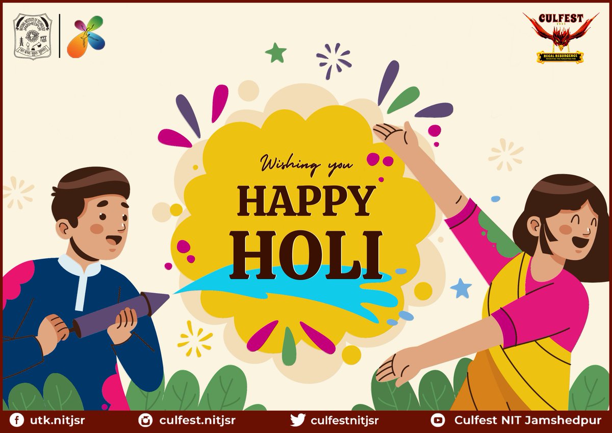 culfestnitjsr's tweet photo. The only festival where all colours are celebrated. It is a celebration of unity where everyone seems of same colour.

This Holi, dive into the celebration of colours with playful splashes, joyous jollification, vibrant revelries and happy hues.
#nitjsr #HappyHoli https://t.co/7SJ311dNSH