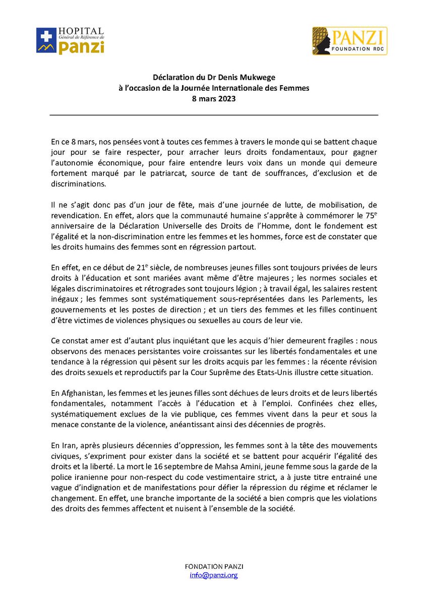 DenisMukwege's tweet image. Déclaration à l'occasion de la Journée Internationale des Femmes.