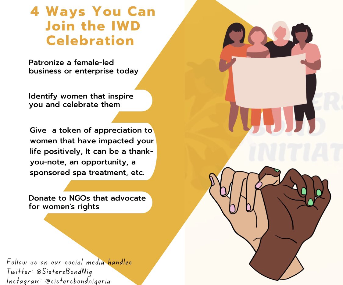 SistersBondNig's tweet photo. Curious about how you can join the celebration? See some of our tips. #InternationalWomensDay #EmbraceEquity https://t.co/OUC0F7vK2g