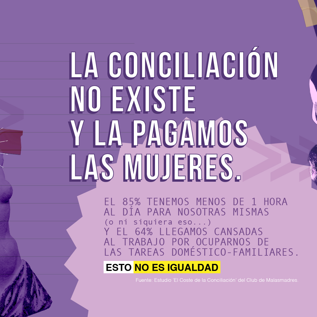malasmadres's tweet photo. 📣El 75% de las mujeres ve afectada su vida laboral al ser madre

📣7 de cada 10 reducciones de jornadas las cogen mujeres, con la consiguiente pérdida salarial. 

📣El 64% llegamos cansadas al trabajo por ocuparnos de las tareas doméstico-familiares.

#8M 
#diainternacionalmujer https://t.co/5nVI4IXD4W