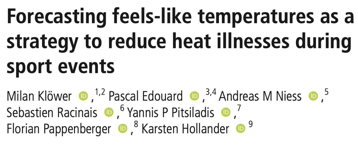Pascal EDOUARD (@pascaledouard42) on Twitter photo 🚨NEW ARTICLE🚨
"Forecasting feels-like #temperatures as a strategy to reduce #heat #illnesses during #sport events"
📄<a href="/BJSM_BMJ/">British Journal of Sports Medicine (BJSM)</a>
Great collaboration <a href="/milankloewer/">Milan Klöwer</a> <a href="/K_Hollander_/">Karsten Hollander</a> <a href="/ephysiol/">Sebastien Racinais</a> <a href="/FPappenberger/">Florian Pappenberger</a> A Niess Y Pitsiladis
#ClimateChange #Health
▶️bjsm.bmj.com/content/early/… 🚨NEW ARTICLE🚨
"Forecasting feels-like #temperatures as a strategy to reduce #heat #illnesses during #sport events"
📄<a href="/BJSM_BMJ/">British Journal of Sports Medicine (BJSM)</a>
Great collaboration <a href="/milankloewer/">Milan Klöwer</a> <a href="/K_Hollander_/">Karsten Hollander</a> <a href="/ephysiol/">Sebastien Racinais</a> <a href="/FPappenberger/">Florian Pappenberger</a> A Niess Y Pitsiladis
#ClimateChange #Health
▶️bjsm.bmj.com/content/early/…