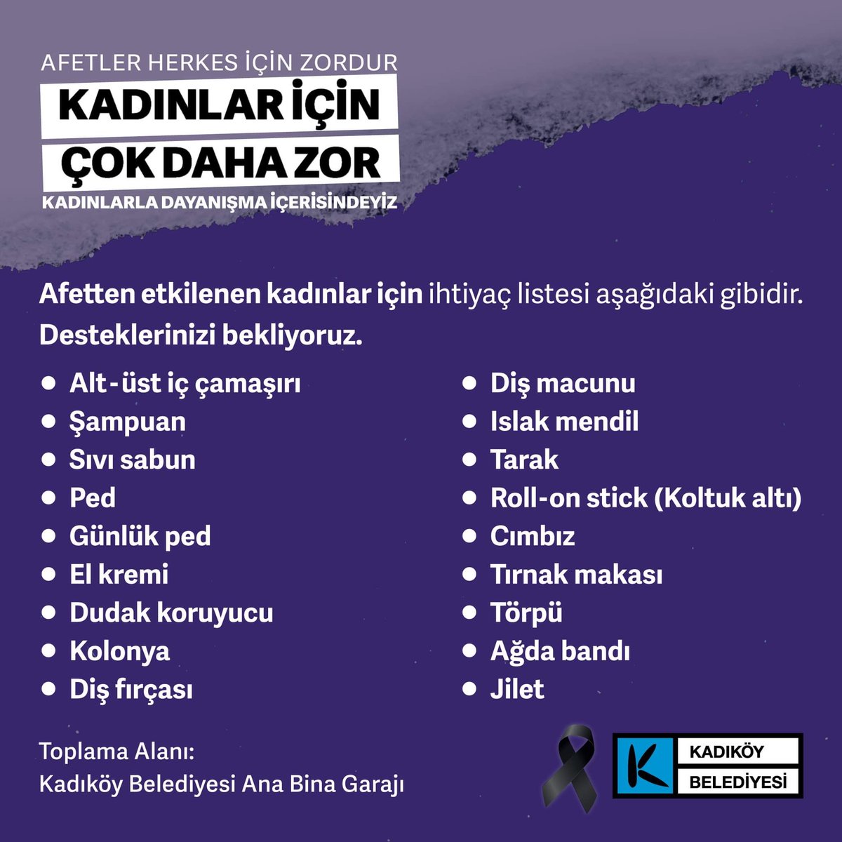 kadikoybelediye's tweet photo. Afetler herkes için zordur, kadınlar için çok daha zor. 

Kadınlarla dayanışma içerisindeyiz 💜

8 Mart Dünya Emekçi Kadınlar Günü kutlu olsun.

📌Afetten etkilenen kadınlar için ihtiyaç listesine görselden ulaşabilirsiniz. https://t.co/M8uBnCzo3M