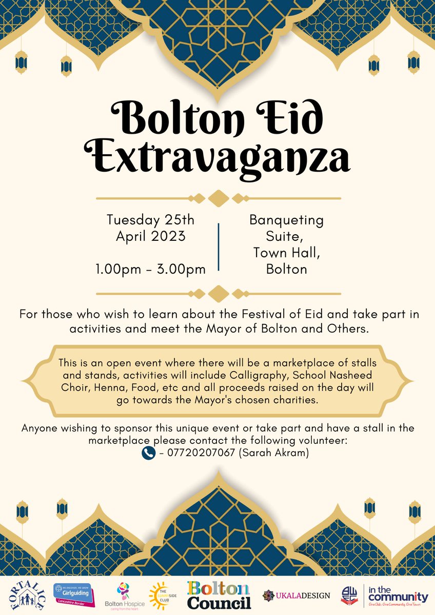 Ibrahim Kala (@sunnysideclub) on Twitter photo As far as Eid events in the Town Hall go, this might be the first of it's kind. In partnership with the Mayor's Office. Anyone wishing to support the contact is on the flyer. Mayor's Charities.
<a href="/boltonhospice/">Bolton Hospice</a> <a href="/FortaliceBolton/">Fortalice</a> <a href="/OfficialBWITC/">Bolton Wanderers in the Community</a> <a href="/Girlguiding/">Girlguiding</a>
#Eid @boltonathome As far as Eid events in the Town Hall go, this might be the first of it's kind. In partnership with the Mayor's Office. Anyone wishing to support the contact is on the flyer. Mayor's Charities.
<a href="/boltonhospice/">Bolton Hospice</a> <a href="/FortaliceBolton/">Fortalice</a> <a href="/OfficialBWITC/">Bolton Wanderers in the Community</a> <a href="/Girlguiding/">Girlguiding</a>
#Eid @boltonathome