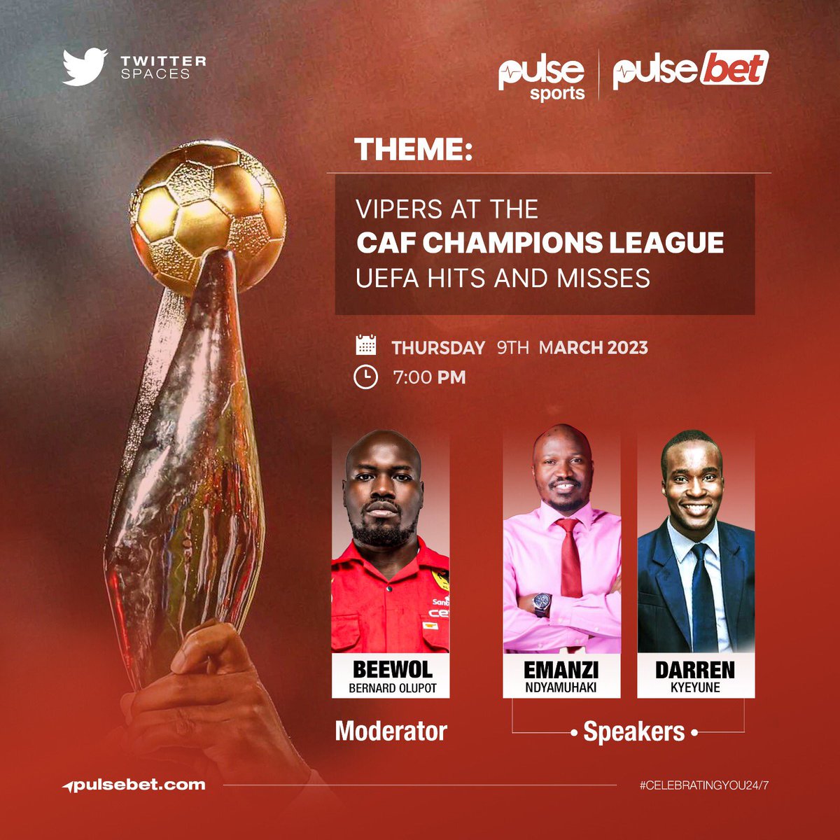 Twitter space alert 🚨 
Tomorrow @pulsebetuganda , we shall be talking “Vipers at the #CAFChampionsLeague , the UEFA hits and misses” don’t miss out on  @Emanzi20 & @AllanDarren on the space that will be moderated by @beewol 
#PulseBetUg