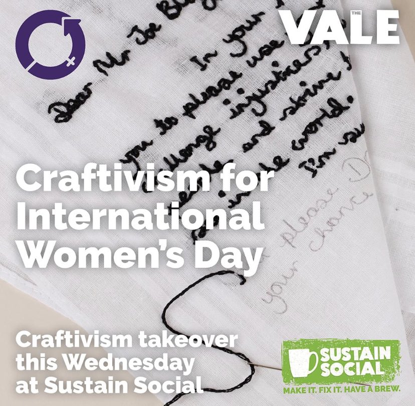 Celebrate #IWD at @TheValeMossley today 1pm-3pm at ♻️Sustain Social♻️

✊🏼Craftivism takeover

Stitching for social change🪡
with biscuits 🍪

Everyone welcome, everything provided, FREE & drop in

#craftivism #dontblowit
